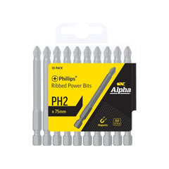 Alpha-Ph2 X 75Mm Phillips Ribbed Power Bits - Handipack (X10)
