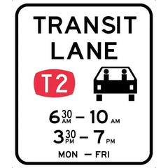 Uniform Safety Signs - 1200 x 1400mm - Aluminium - Class 1 - Transit Lane T2 (With Times of Operation) | R7-7-3