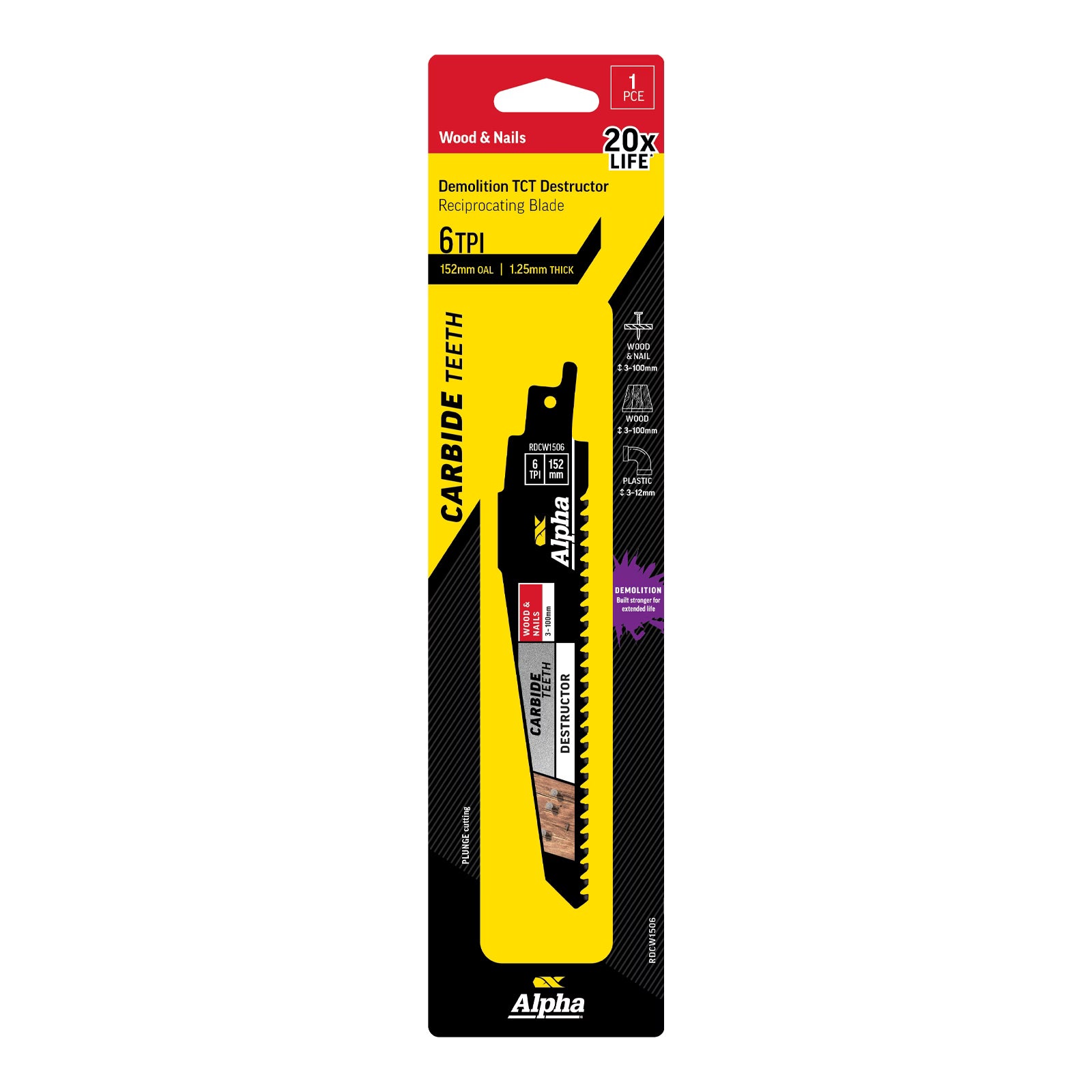 Alpha - TCT Destructor Wood & Nails Recip Blade 6 TPI 152mm