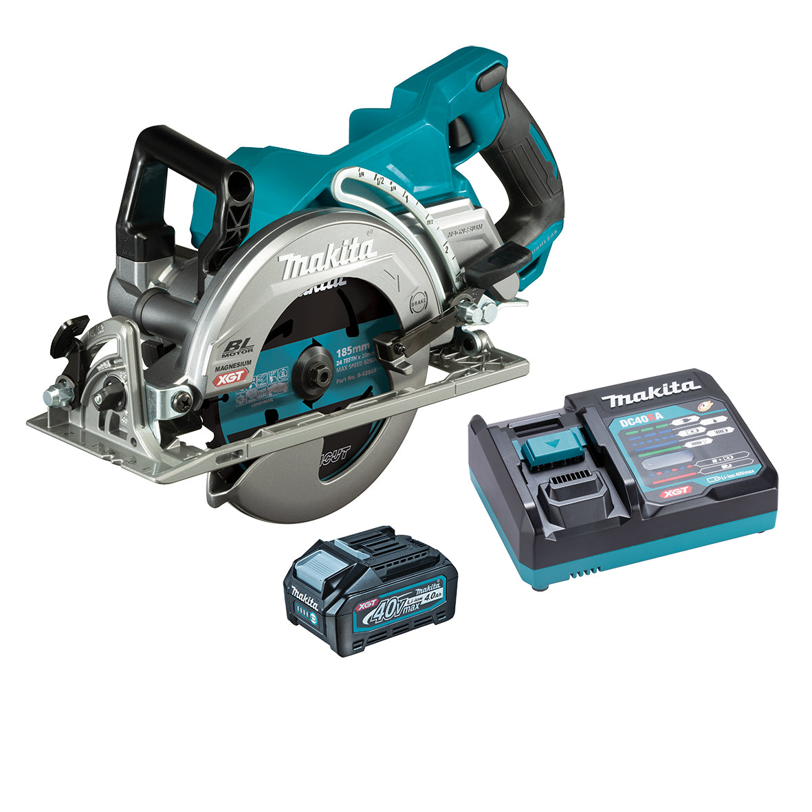 Makita Tools - 40V Max Brushless 185mm (7-1/4") Rear Handle Saw Kit - Includes 4.0Ah Battery & Single Port Rapid Charger | RS001GM101