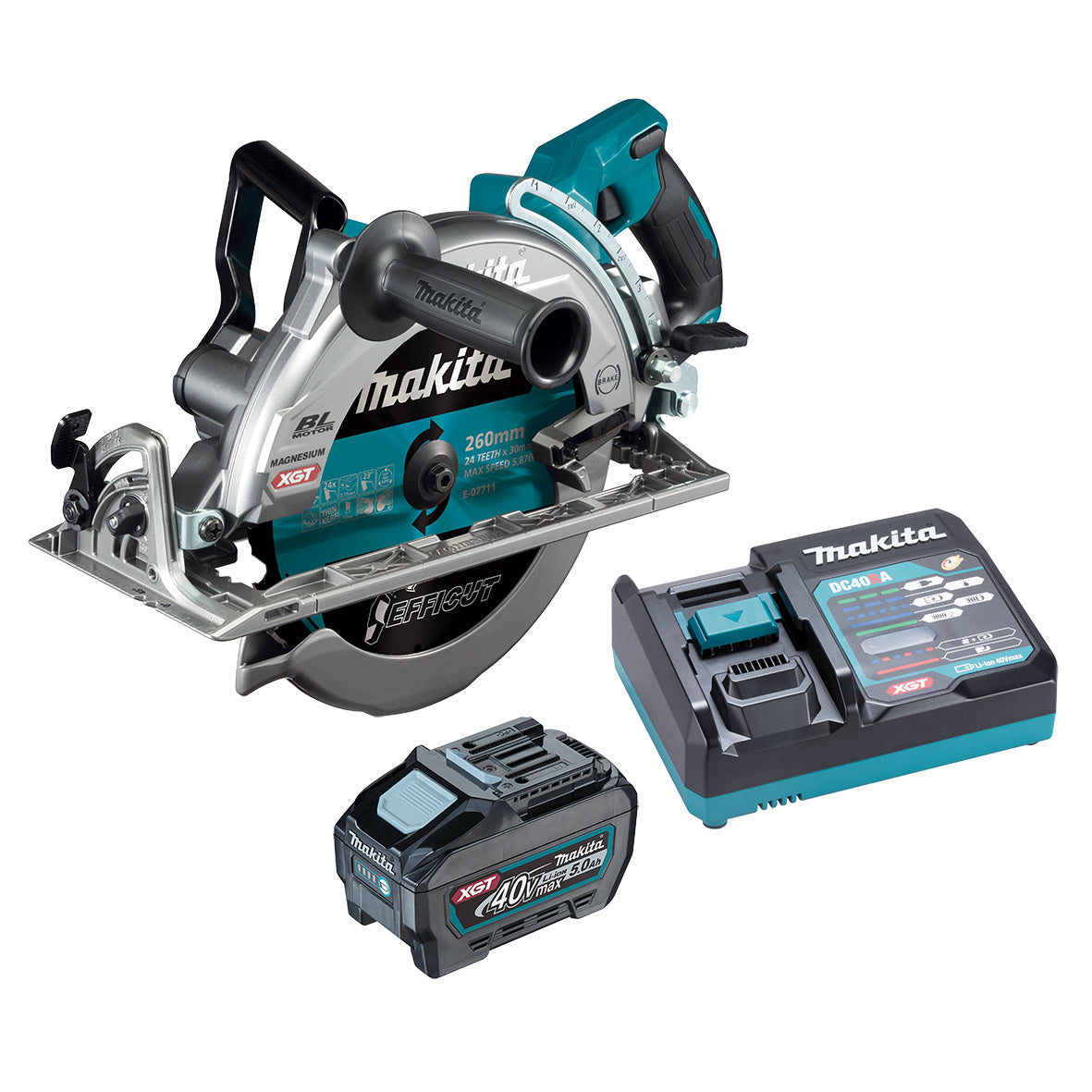 Makita Tools - 40V Max Brushless 260mm (10-1/4") Rear Handle Saw Kit - Includes 5.0Ah Battery & Single Port Rapid Charger | RS002GT101