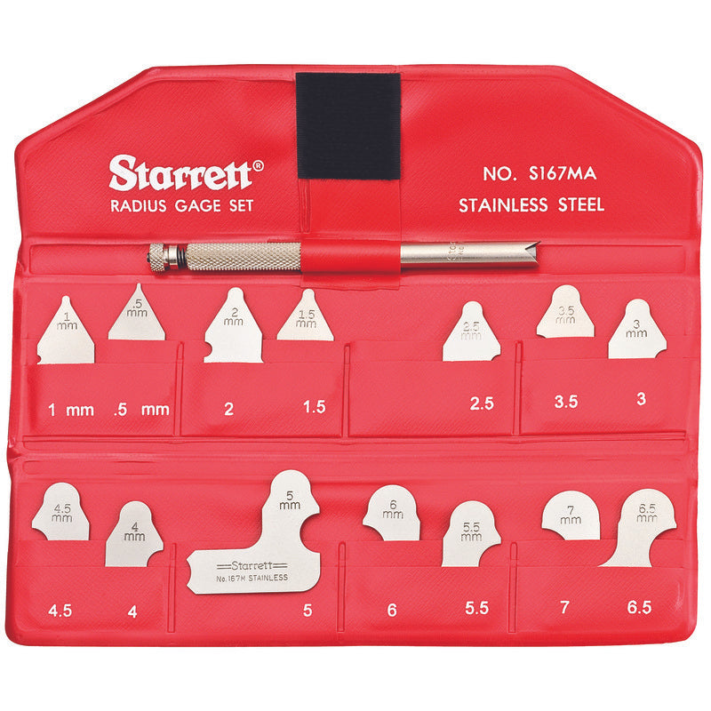 Starrett - Radius Gage Set: 0.5-7mm by 0.5mm 14 Gages 110 Holder | S167MAHZ
