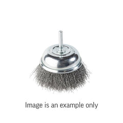 Union Cup Brush Crimped Wire 6mm Spindle Mount Stainless Steel 0.3mm Wire x 65mm Dia Carded