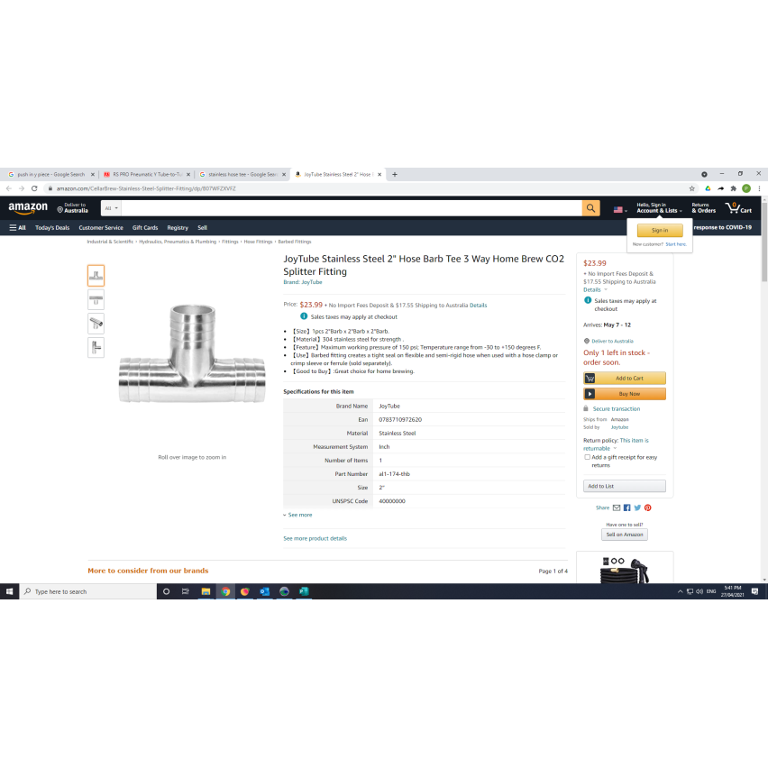 Hardie Hose - P14 Stainless Barbed Tee 1in | SF-P14-16
