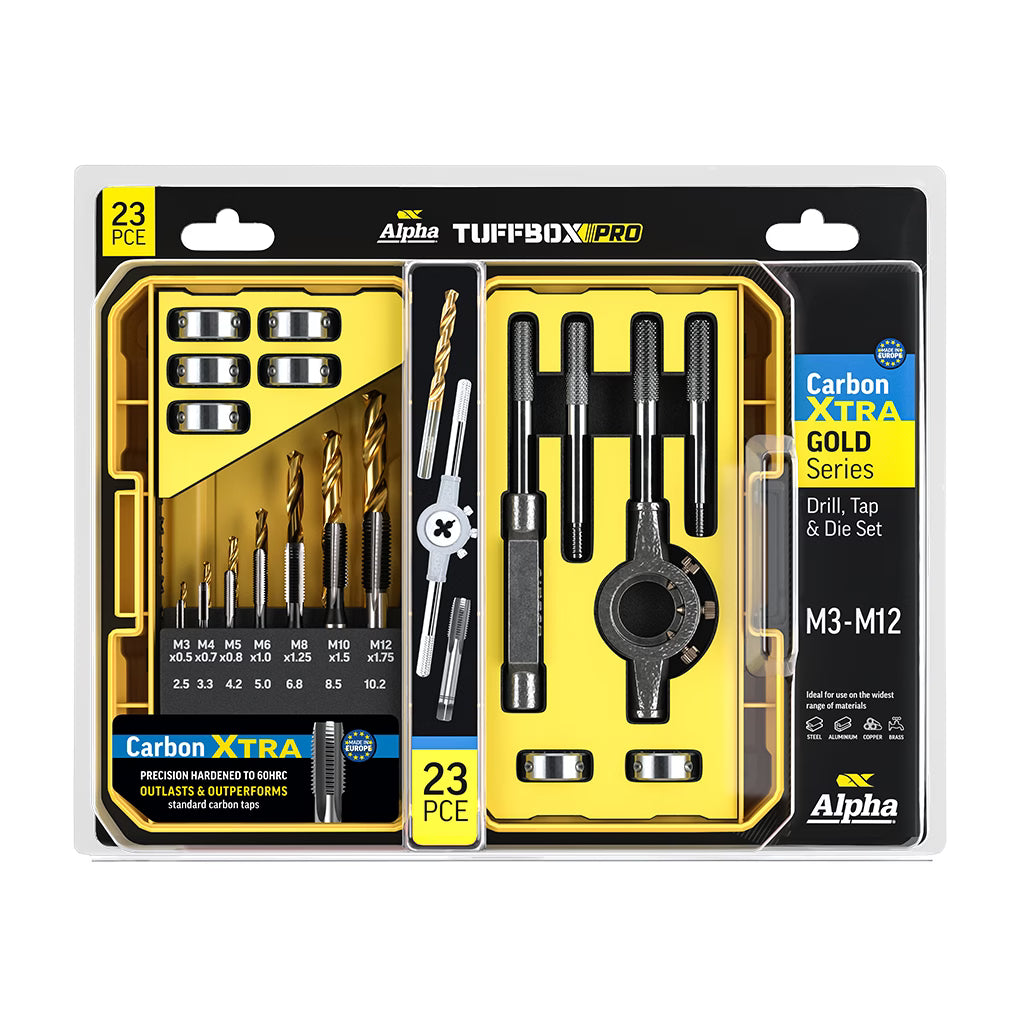 Alpha 23 Pc Drill.tap & Die Metric M3-m12 Tuffbox Pro Set Bonus 120ml Lubricant