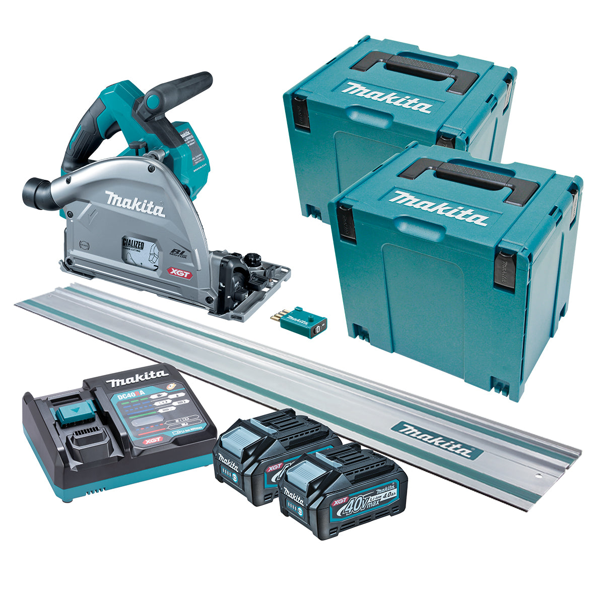 Makita Tools - 40V Max Brushless AWS 165mm (6-1/2") Plunge Cut Circular Saw - Includes 2x 4.0Ah Batteries & Single Port Rapid Charger 2x Makpac Case Type 4 & 1400m Guide Rail  *AWS Receiver included | SP001GM201T