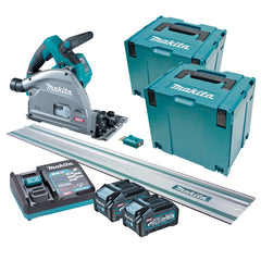 Makita Tools - 40V Max Brushless AWS 165mm (6-1/2") Plunge Cut Circular Saw - Includes 2x 4.0Ah Batteries & Single Port Rapid Charger 2x Makpac Case Type 4 & 1400m Guide Rail  *AWS Receiver included | SP001GM201T