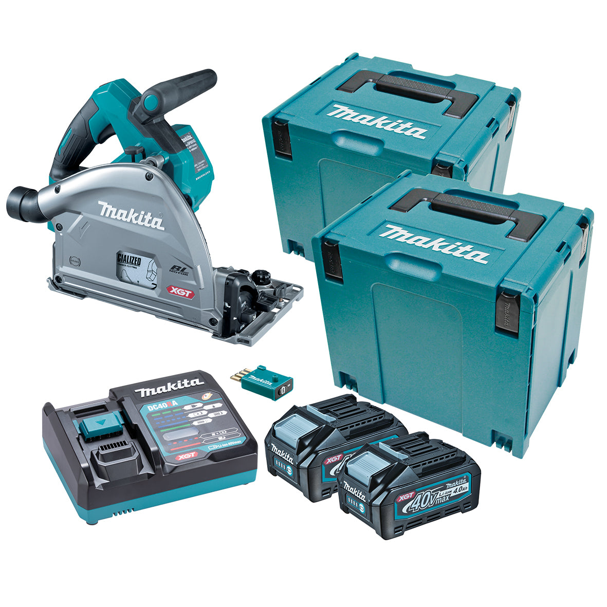 Makita Tools - 40V Max Brushless AWS 165mm (6-1/2") Plunge Cut Circular Saw - Includes 2x 4.0Ah Batteries & Single Port Rapid Charger 2x Makpac Case Type 4 & 1400m Guide Rail  *AWS Receiver included | SP001GM201T