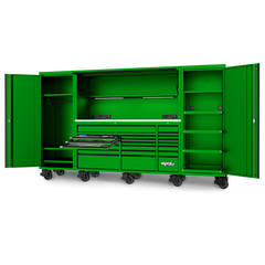 SP Tools - 128" Toolkit 1017 Piece Metric/SAE - USA Sumo Series Roller Cabinet With Power Top Hutch And Side Cabinets 21 Drawer Green | SP50855G