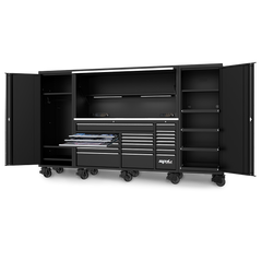 SP Tools - 128" Toolkit 1017 Piece Metric/SAE - USA Sumo Series Roller Cabinet with Power Top Hutch & Side Cabinets 21 Drawer Black | SP50855