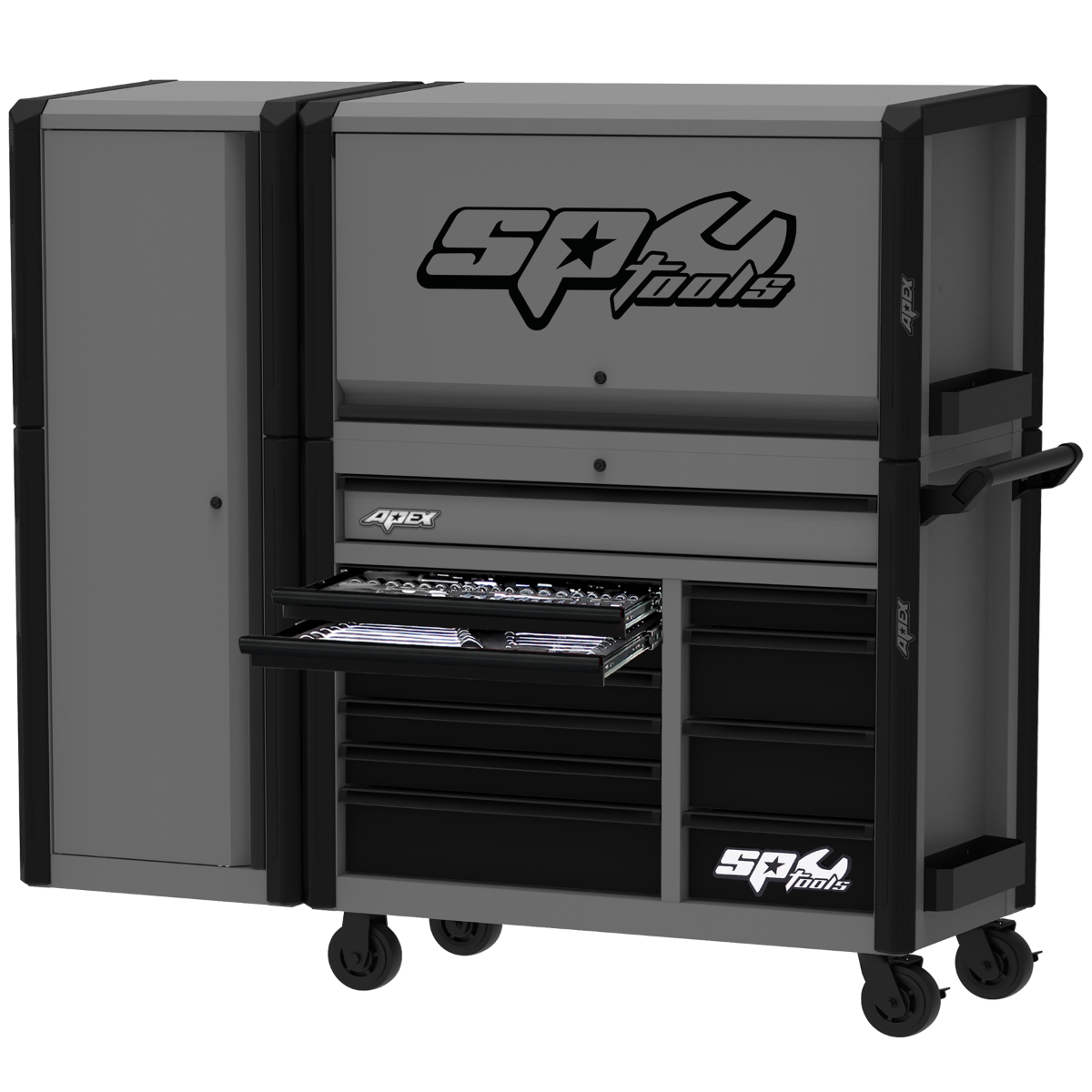 SP Tools - 69" Apex Series Power Hutch Workstation Combo with Side Cabinet and Built-in Power Board - 278 Piece - Metric & SAE - Grey/Black - Plus Extra EVA Foam Trays | SP53002GY