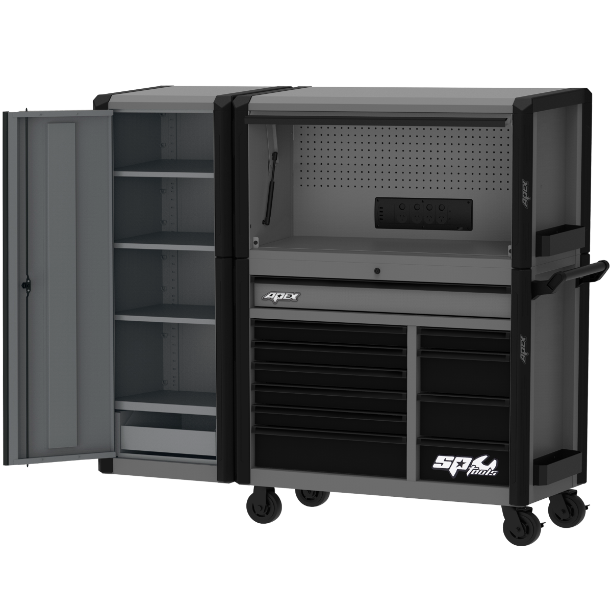 SP Tools - 69" Apex Series Power Hutch Workstation Combo with Side Cabinet and Built-in Power Board - 278 Piece - Metric & SAE - Grey/Black - Plus Extra EVA Foam Trays | SP53002GY