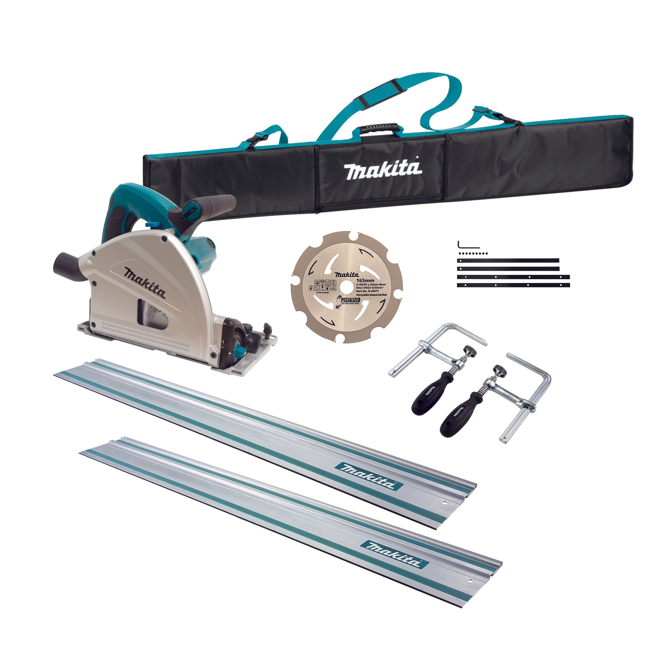 Makita Tools - 165mm (6-1/2") Plunge Cut Circular Saw Kit -  Includes 2 x 1400mm tracks joiners 2 x G-clamps track bag & PCD fibre cement blade | SP6000JT2X
