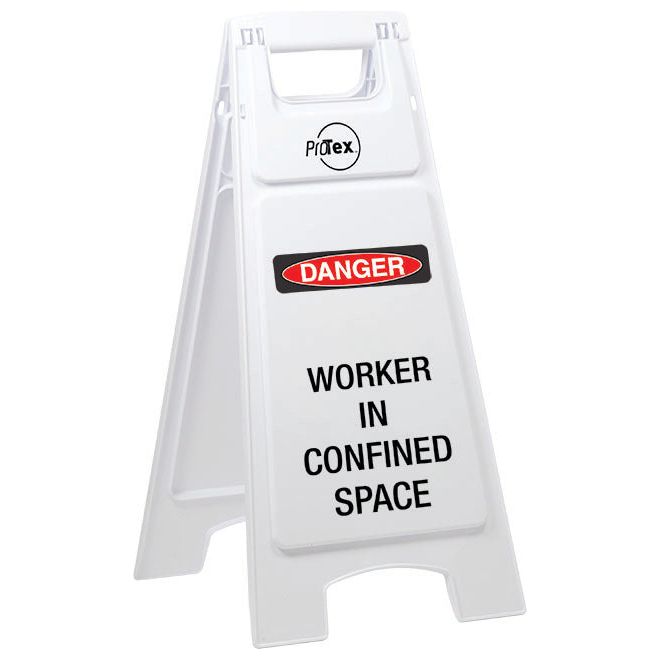 Uniform Safety Signs - Premium Plastic Sign Stand - Double Sided - Danger Worker In Confined Space (white) (A-Frame) | STD41
