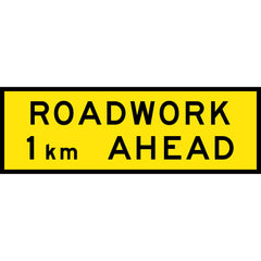 Uniform Safety Signs - Boxed Edge - 1800 x 600mm - Class 1 Reflective - Roadwork [..]Km Ahead (B/Y) | T1-16A
