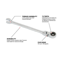 BBI - Proferred Fle X Ratcheting Combination Wrench. Chrome Finish 1/4" | T44008