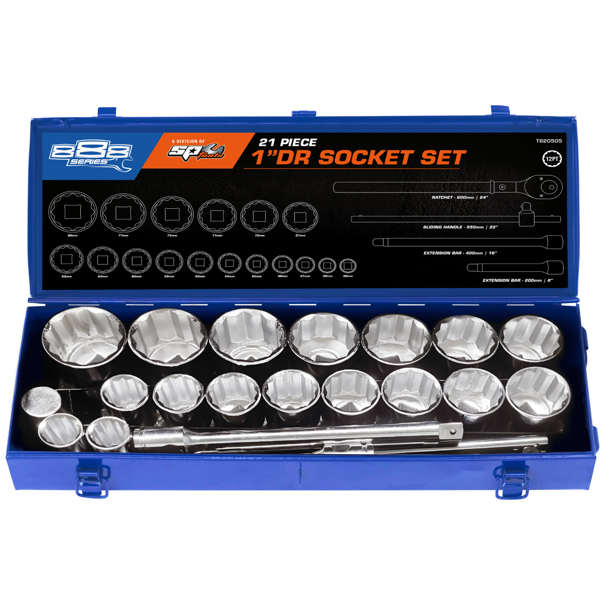 SP Tools - 1" Drive Socket Set - 888 Series Jumbo Sizes - Metric - 12 Point - 21 Piece | T820505