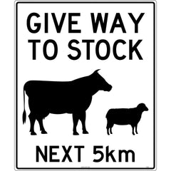 Uniform Safety Signs - 750x900mm - Aluminium - Class 1 - Give Way To Stock (Stock Picto) Next 5km - Black on White | TC481