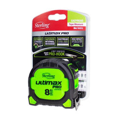 Sterling - 8m Ultimax Pro Tape Measure Easyread: Metric Steel Hook Non Magnetic | TMNXE8027