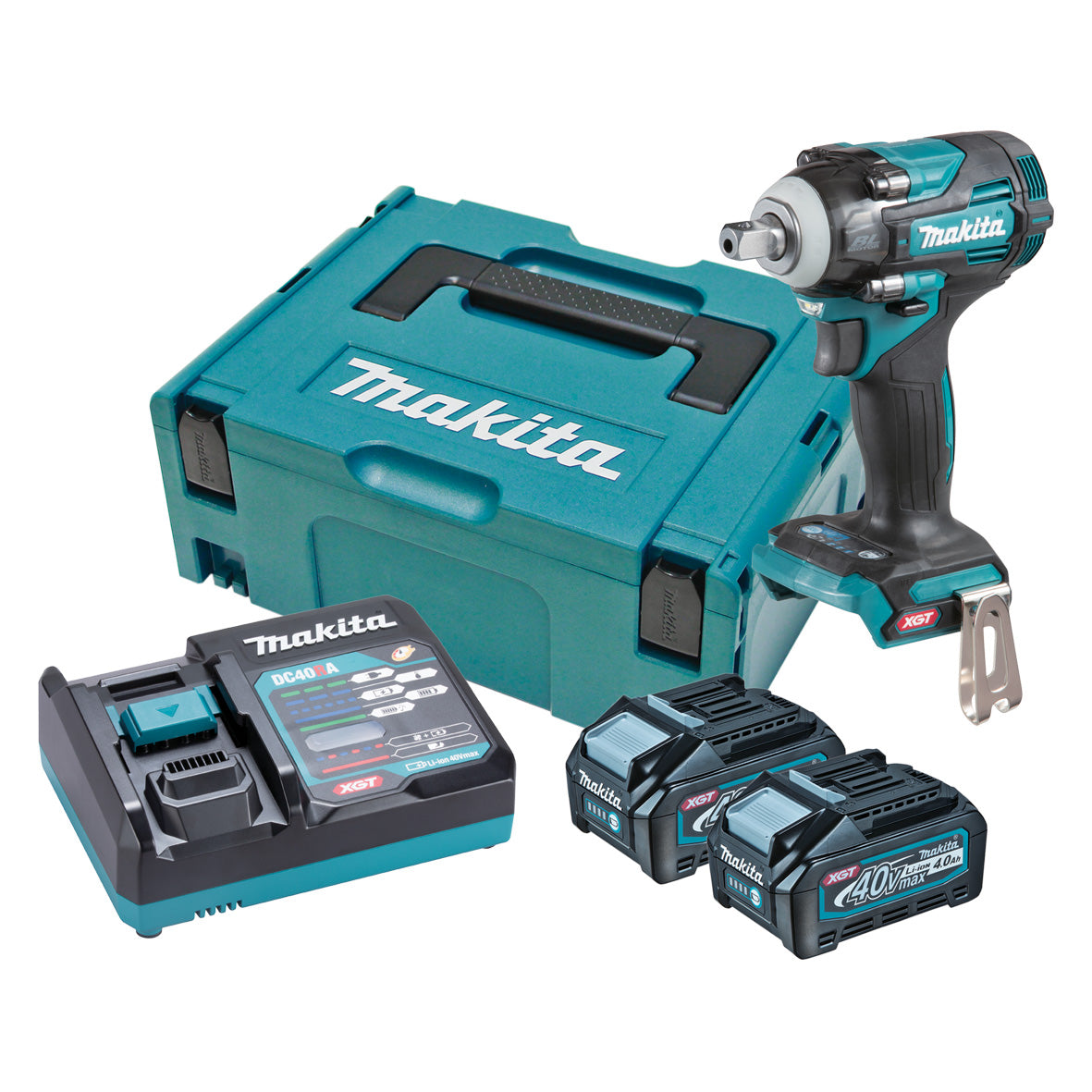 Makita Tools - 40V Max Brushless 1/2" Pin Detent Impact Wrench - Includes 2 x 4.0Ah Batteries Single Port Rapid Charger  & Makpac Case Type 2 | TW005GM202