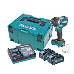 Makita Tools - 40V Max Brushless 1/2" Mid-Torque Pin Detent Impact Wrench - Includes 2 x 4.0Ah Batteries Single Port Rapid Charger  & Makpac Case Type 3 | TW008GM201