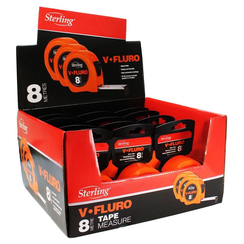 Sterling-8M X 25Mm V-Force Fluro Measuring Tape - Safety Orange
