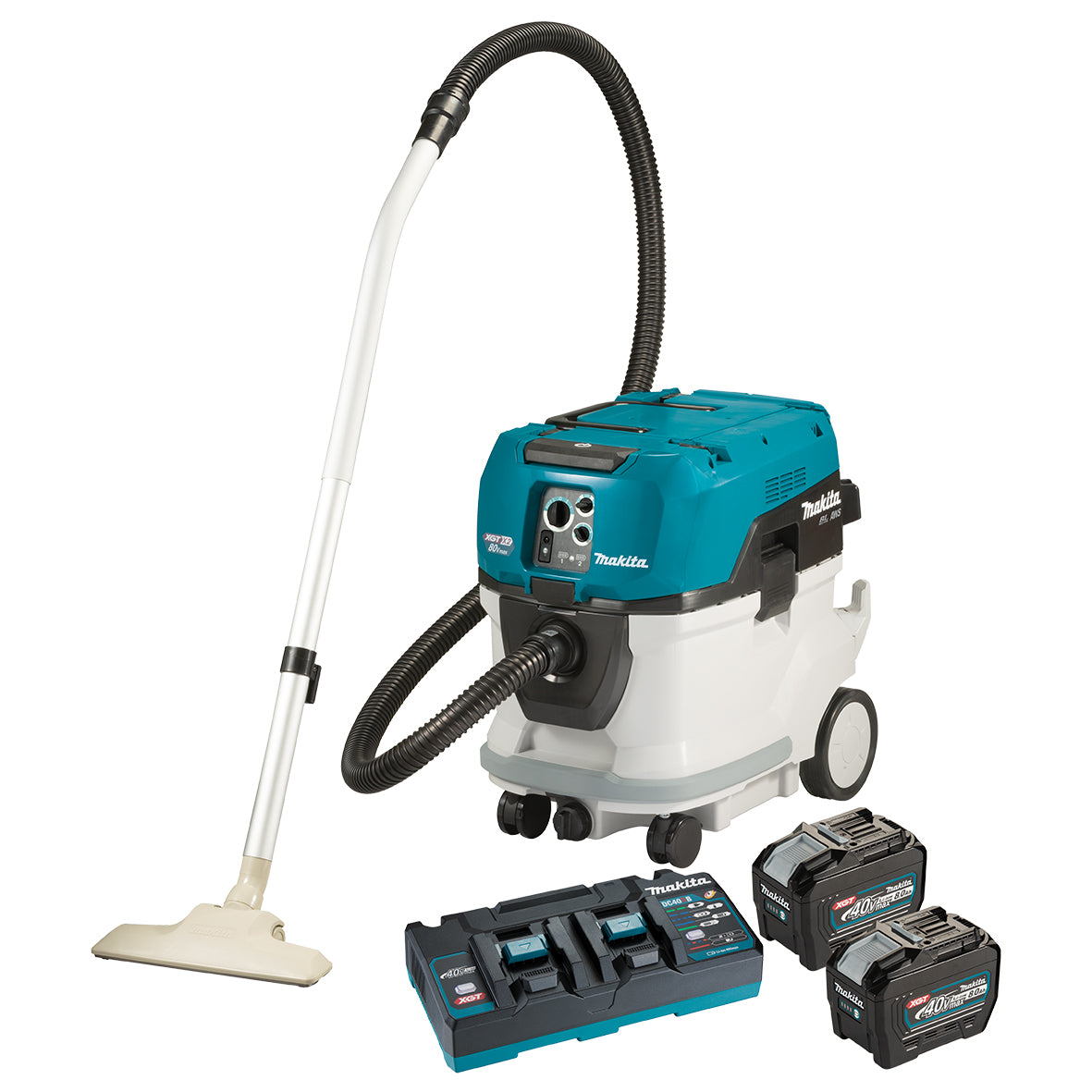 Makita Tools - 80V Max (40Vx2) Brushless AWS M-Class Dust Extraction Vacuum Kit - Includes 2 x 8.0Ah Batteries & Dual Port Rapid Charger | VC006GML21