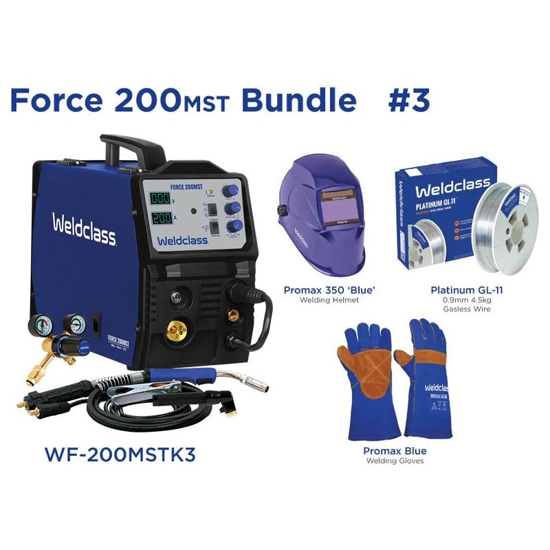 Weldclass - Welder MIG/Stick/TIG FORCE 200MST Bundle with Gasless Wire, Helmet, Gloves | WF-200MSTK3