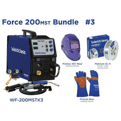 Weldclass - Welder MIG/Stick/TIG FORCE 200MST Bundle with Gasless Wire, Helmet, Gloves | WF-200MSTK3