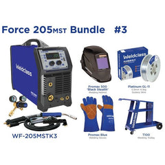 Weldclass - Welder MIG/Stick/TIG FORCE 205MST Bundle with Gasless Wire, Helmet, Gloves, Trolley | WF-205MSTK3