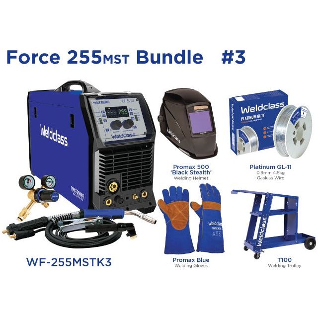 Weldclass - Welder MIG/Stick/TIG FORCE 255MST Bundle with Gasless Wire, Helmet, Gloves, Trolley | WF-255MSTK3
