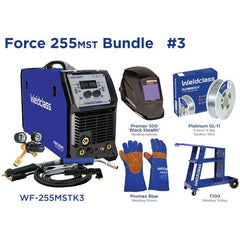 Weldclass - Welder MIG/Stick/TIG FORCE 255MST Bundle with Gasless Wire, Helmet, Gloves, Trolley | WF-255MSTK3
