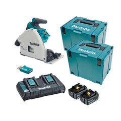 Makita - 18V x 2 Brushless AWS 165mm Plunge Saw Kit - Includes 2 x 5.0Ah Batteries Dual Port Rapid Charger & 2 x Makpac Case | DSP601PT2JU