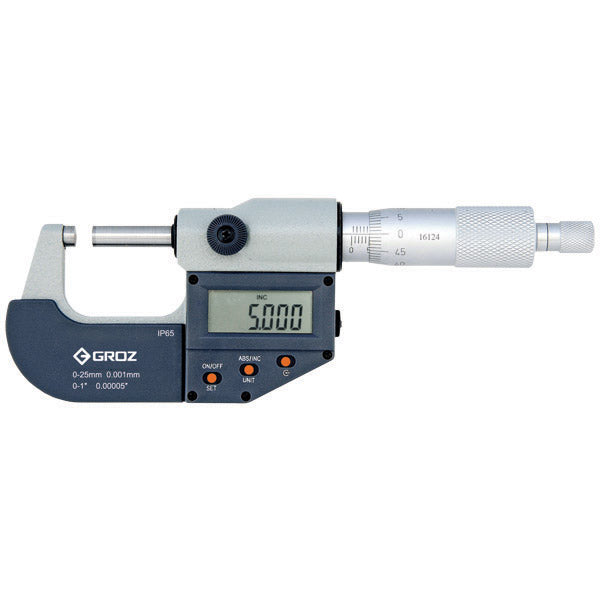 ITM - MMED/1/65 GROZ IP65 ELECTRONIC OUTSIDE MICROMETERS, TYPE A, 0-1/0-25MM,0.00005/0.001MM, WITHOUT SPC CONNECTING CABLE,RATCHET THIMBLE, PAINT FRAME | GZ-16124
