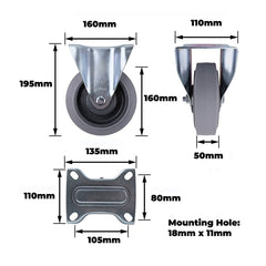 EHI - Colson 160mm Grey Performa Rubber Fixed Plate I6 Series Castor 225kg | I63AZ-PL4T160