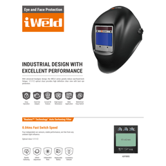 Weldtronic - TM. iWeld 800S Auto Helmet (Large).
Variable Shade 9-13 / View Area 97x62 / 4 Sensor / Class 1112 / Black | WH800.BK