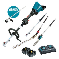 Makita 18V x 2 Brushless Multi Function Powerhead, (LE400MP) Ext. Pole, (EY403MP) Pole Saw Attachment and (EN401MP) Hedge Trimmer Attachment Kit Includes 2 x 5.0Ah Batteries and Dual Port Rapid Charger (BONUS EM409MP)| DUX60PSHPT2B