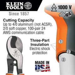 Klein Tools - CABLE CUTTER HIG LEVERAGE 1000V INS VDE | A-63050-EINS