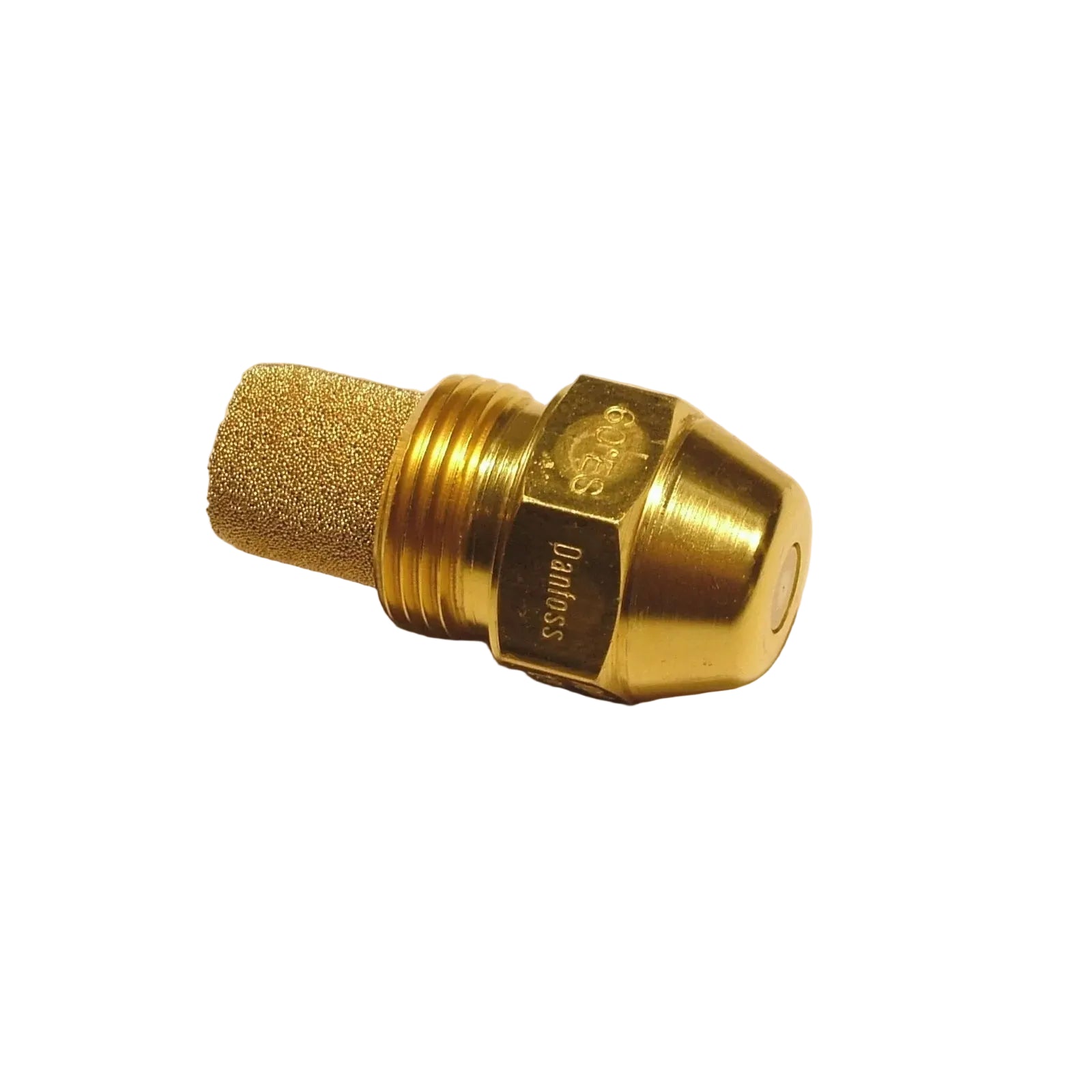 A brass spray nozzle tip with a textured filter cone and a hexagonal body engraved with 'Damass', shown on a beige background.
