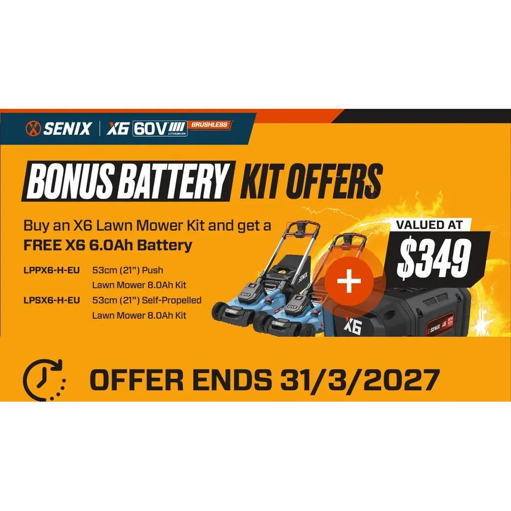 Senix X6 Offer - Free 6.0Ah Battery with Mower Kits