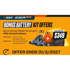Senix X6 Offer - Free 6.0Ah Battery with Mower Kits