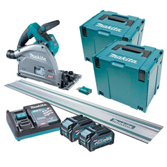 Makita - 40V Max Brushless AWS 165mm (6-1/2") Plunge Cut Circular Saw - Includes 2 x 4.0Ah Batteries & Single Port Rapid Charger 2x Makpac Case Type 4 & 1400m Guide Rail AWS Receiver Included | SP001GM201T